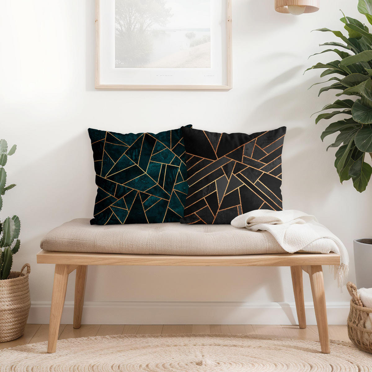 DEKOKISSEN 2er-Set Dreiecke Schwarz Türkis Gold Duo 40/40 cm - Schwarz, Textil (40/40cm) - Bilderwelten