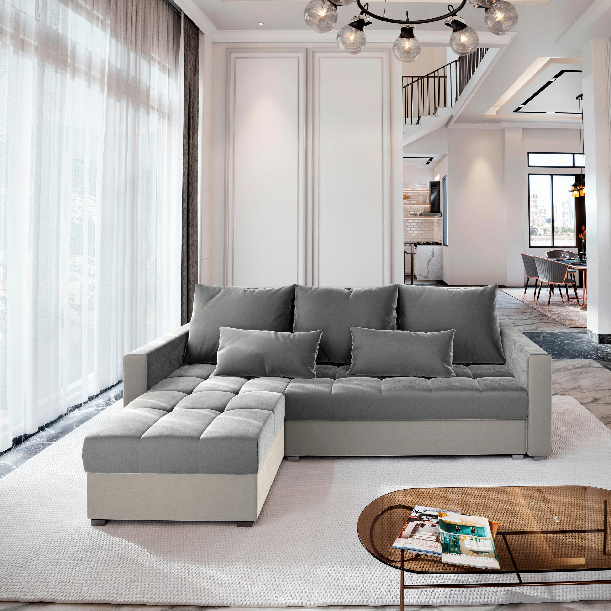 ECKSOFA KOS PIK Hellgrau Plüsch-Stoff mit Schlaffunktion - Beige/Hellgrau, Holz (220/140cm) - MASSENO