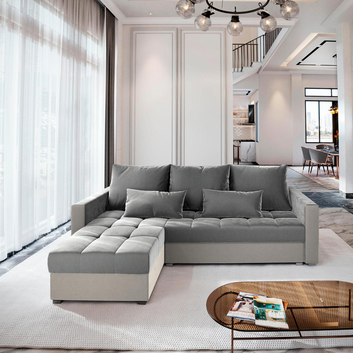 ECKSOFA KOS PIK Hellgrau Plüsch-Stoff mit Schlaffunktion - Beige/Hellgrau, Holz (220/140cm) - MASSENO
