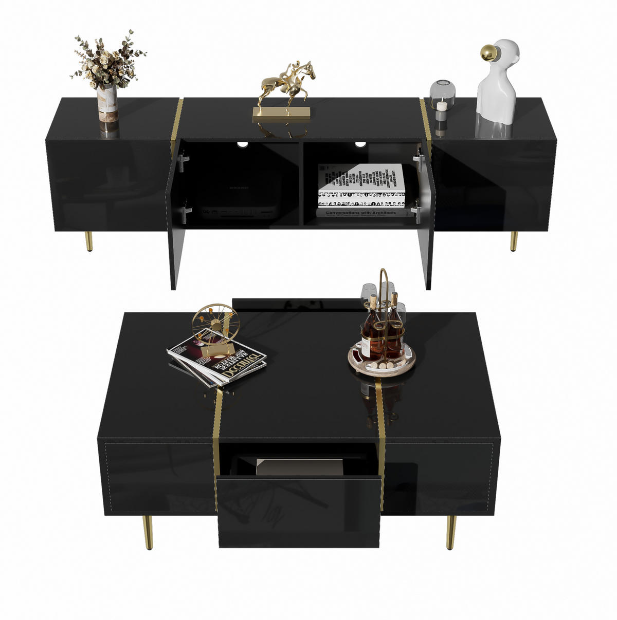 TV-ELEMENT- und Couchtisch-Set in Schwarz Hochglanz mit Goldakzenten und Stauraum - Schwarz, Holzwerkstoff (170/46/35cm) - Flora Grace