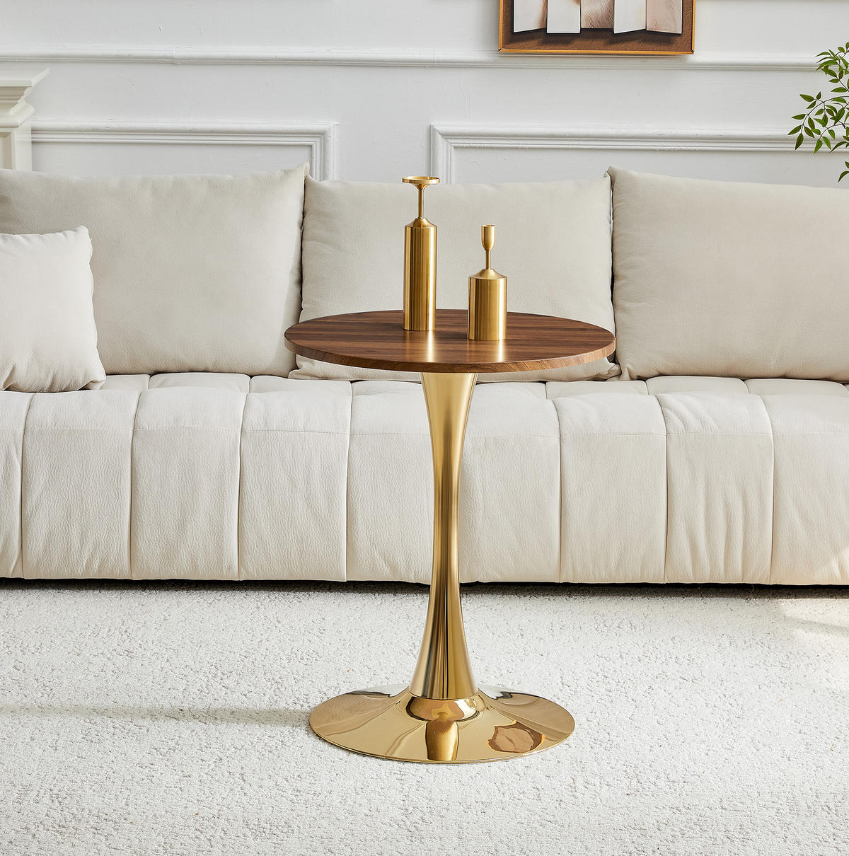BEISTELLTISCH 60/60/72 cm mit runder MDF-Tischplatte und Metallfuß in Mid-Century-Optik, Gold/Walnuss - Goldfarben, Holzwerkstoff (60/60/72cm) - Redom