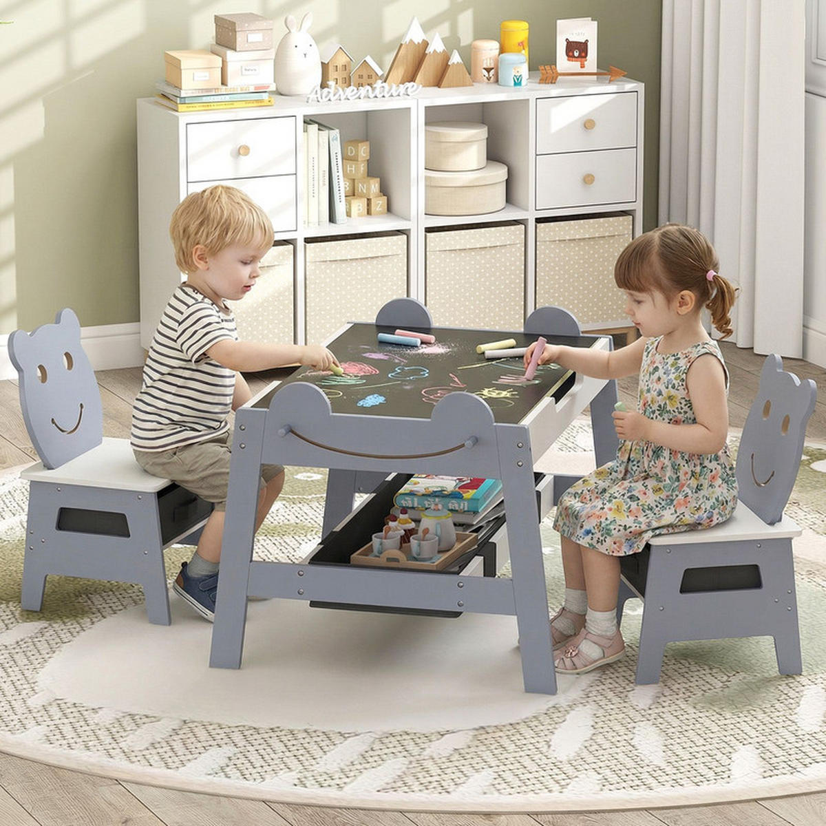 KINDERTISCH mit stuhl grau(3-tlg) - Grau, Holzwerkstoff (70/50/60.5cm) - COSTWAY