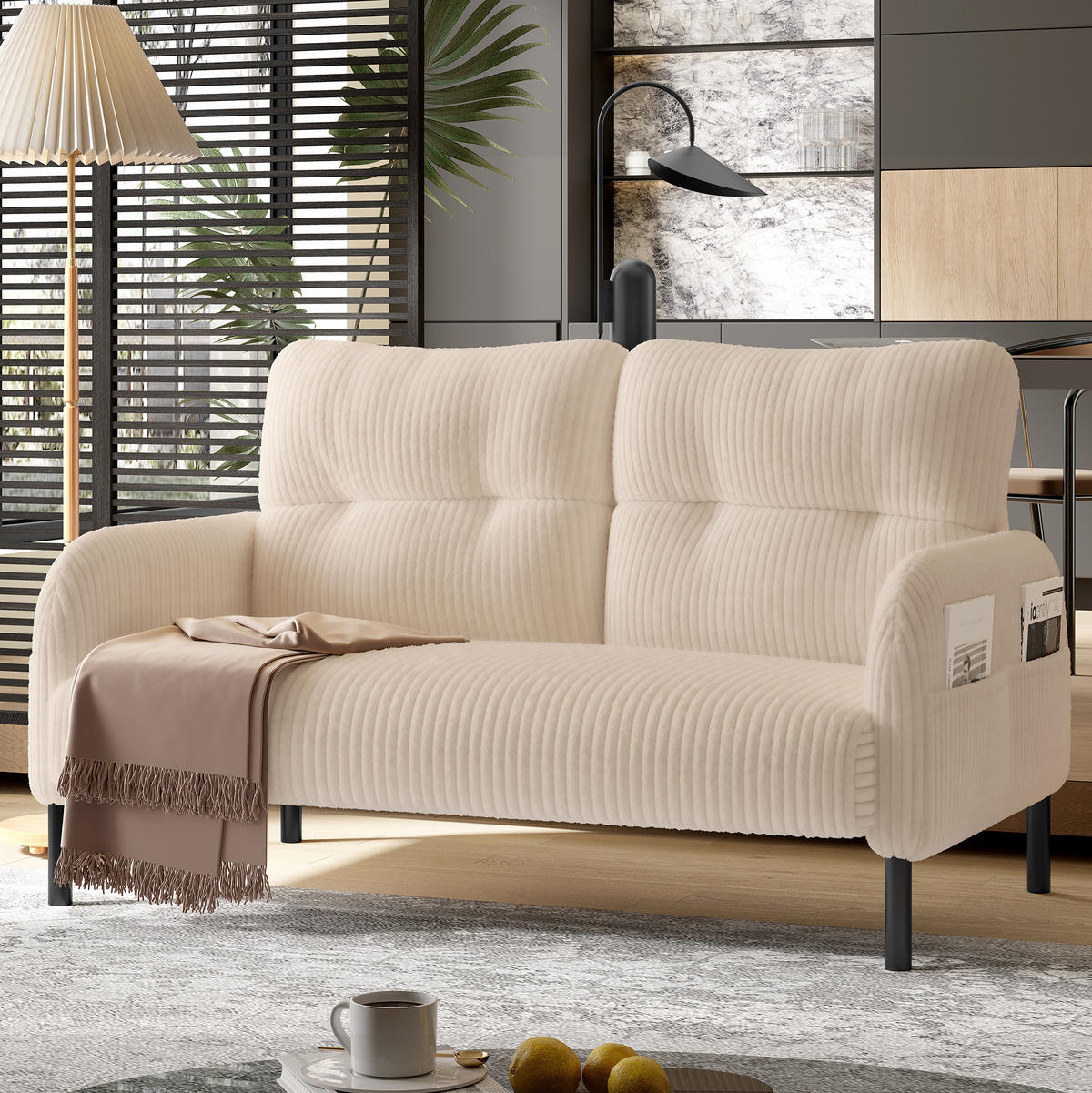 SOFA 2-Sitzer 120 x 75 x 79 cm Cord Beige mit Seitentasche - Beige, Kunststoff (120/79/75cm) - Meubliv