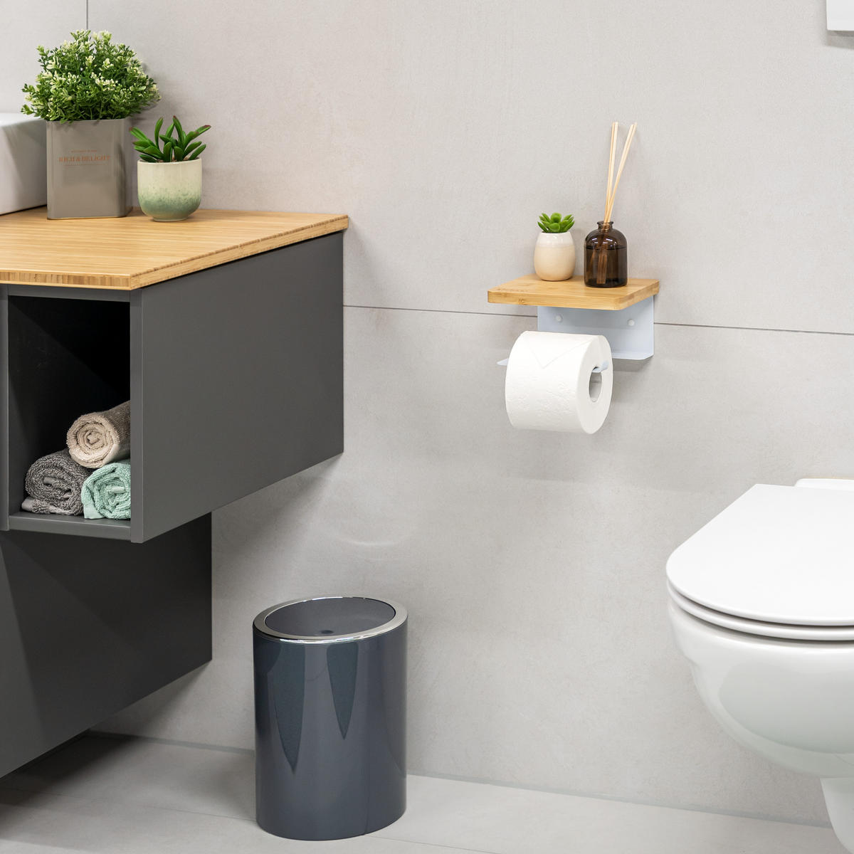 TOILETTENPAPIERHALTER VARAZ mit Ablage, Metall und Bambus - Weiß, Metall (18/9.5/13cm) - eluno