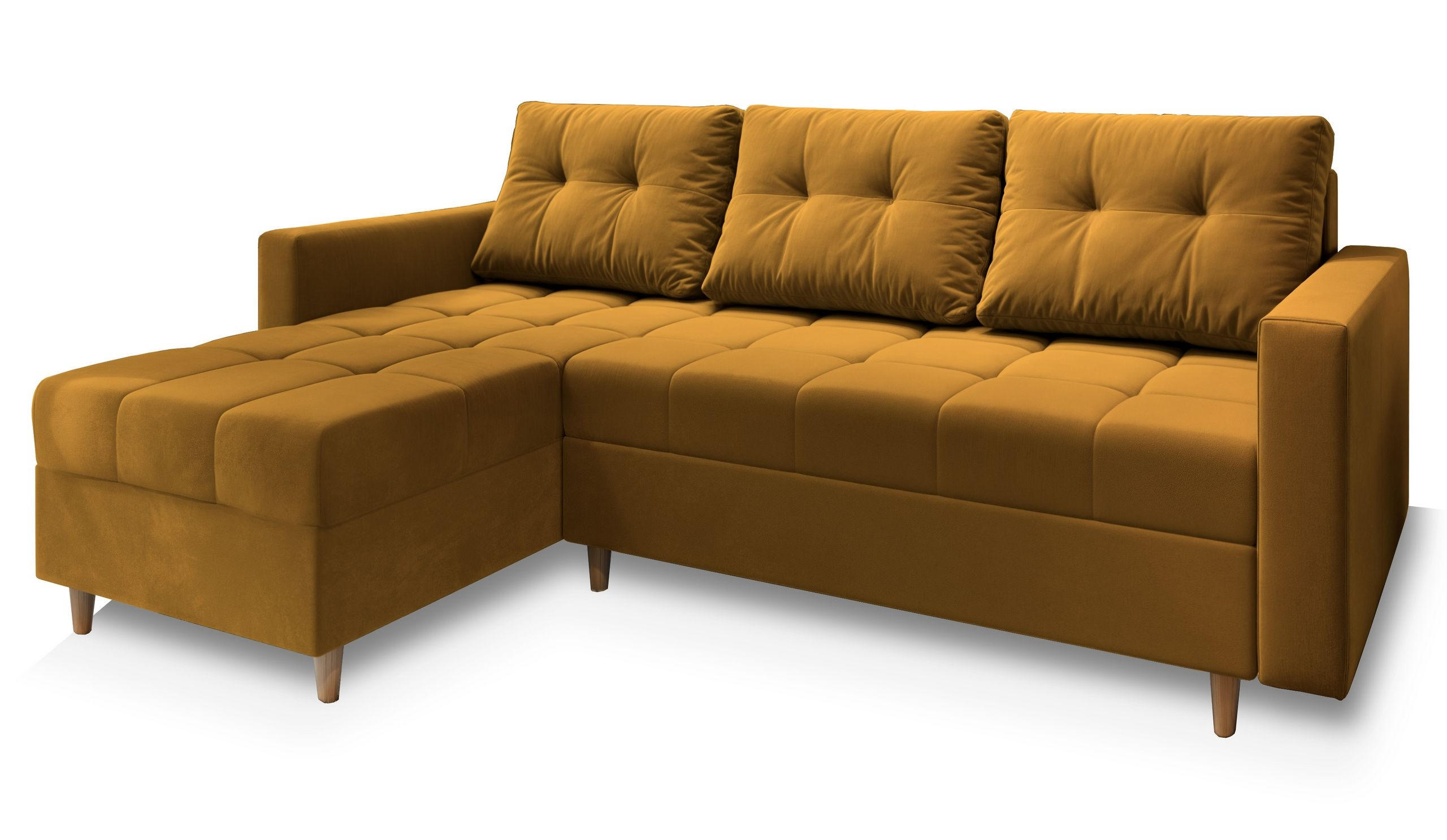 ROHOVÁ SEDAČKA MILO žlutá - hnědá/žlutá, dřevo/textil (220/140cm) - MASSENO