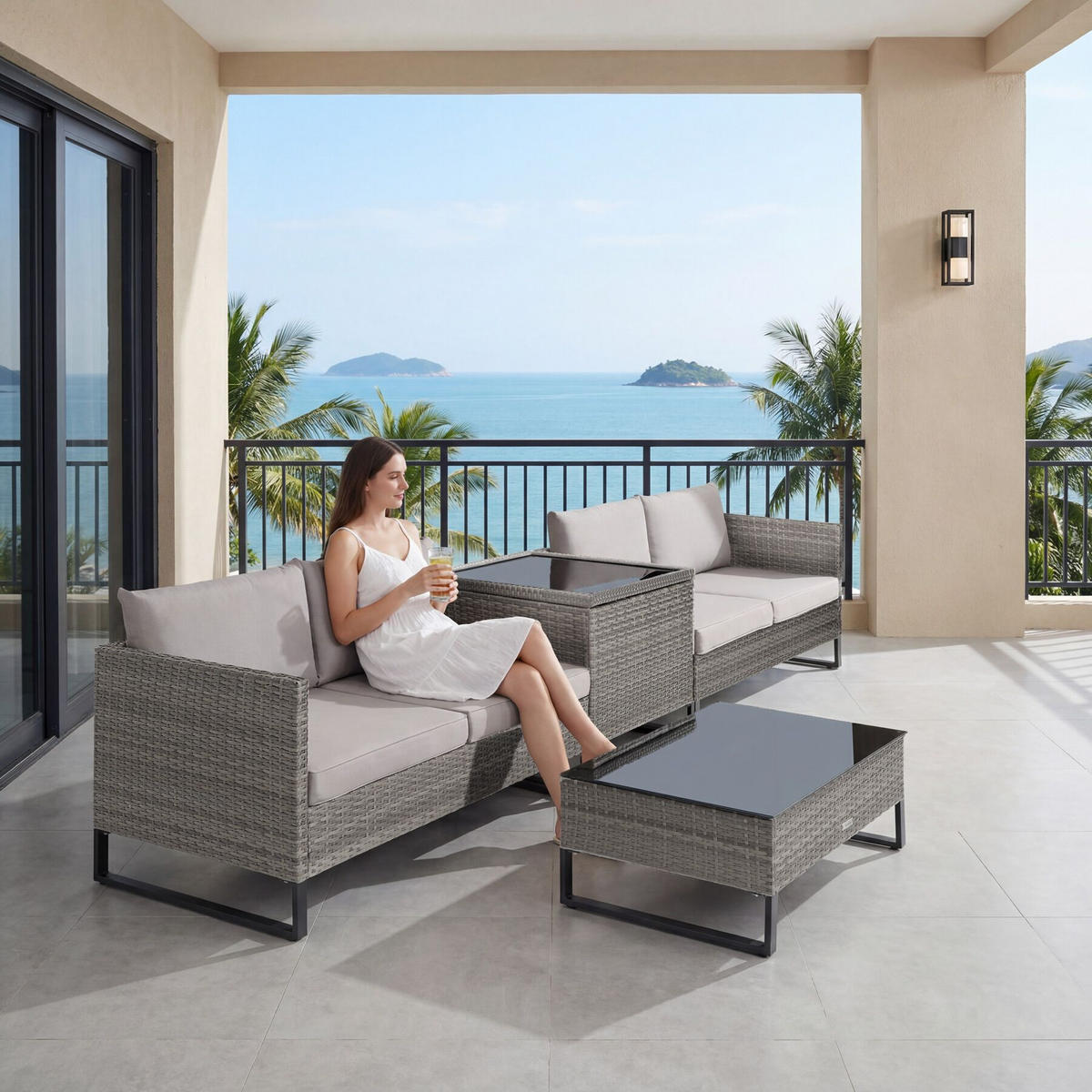 RATTANLOUNGE Ostuni, mit Sicherheitsglasplatte, grau-meliert/grau - Grau, Kunststoff - tectake