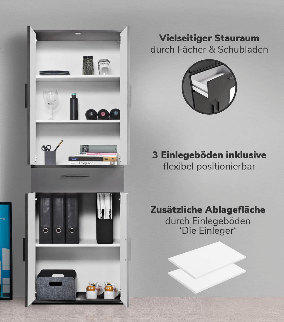 MEHRZWECKSCHRANK SET Der Allzweckwaffe - Anthrazit/Schwarz, Holzwerkstoff (60/180/34cm) - Mokebo