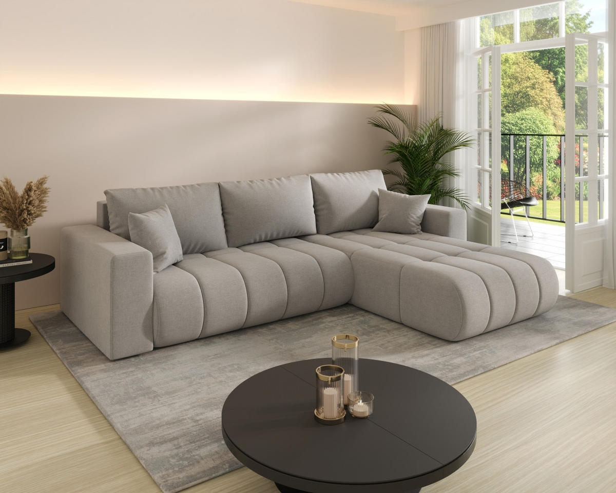 ECKSOFA mit schlaffunktion und bettkasten MILO PREMIUM, stoff WIND, Sandgrau, Rechts - Sandfarben, Holz (280/190cm) - Kaiser Möbel