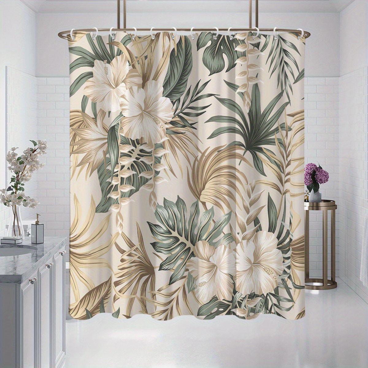 DUSCHVORHANG Grün Boho Blätter und Blumen Muster wasserdicht Polyester 180 x 200 cm mit Haken - Multicolor, Textil (180/200cm) - MCBOSON