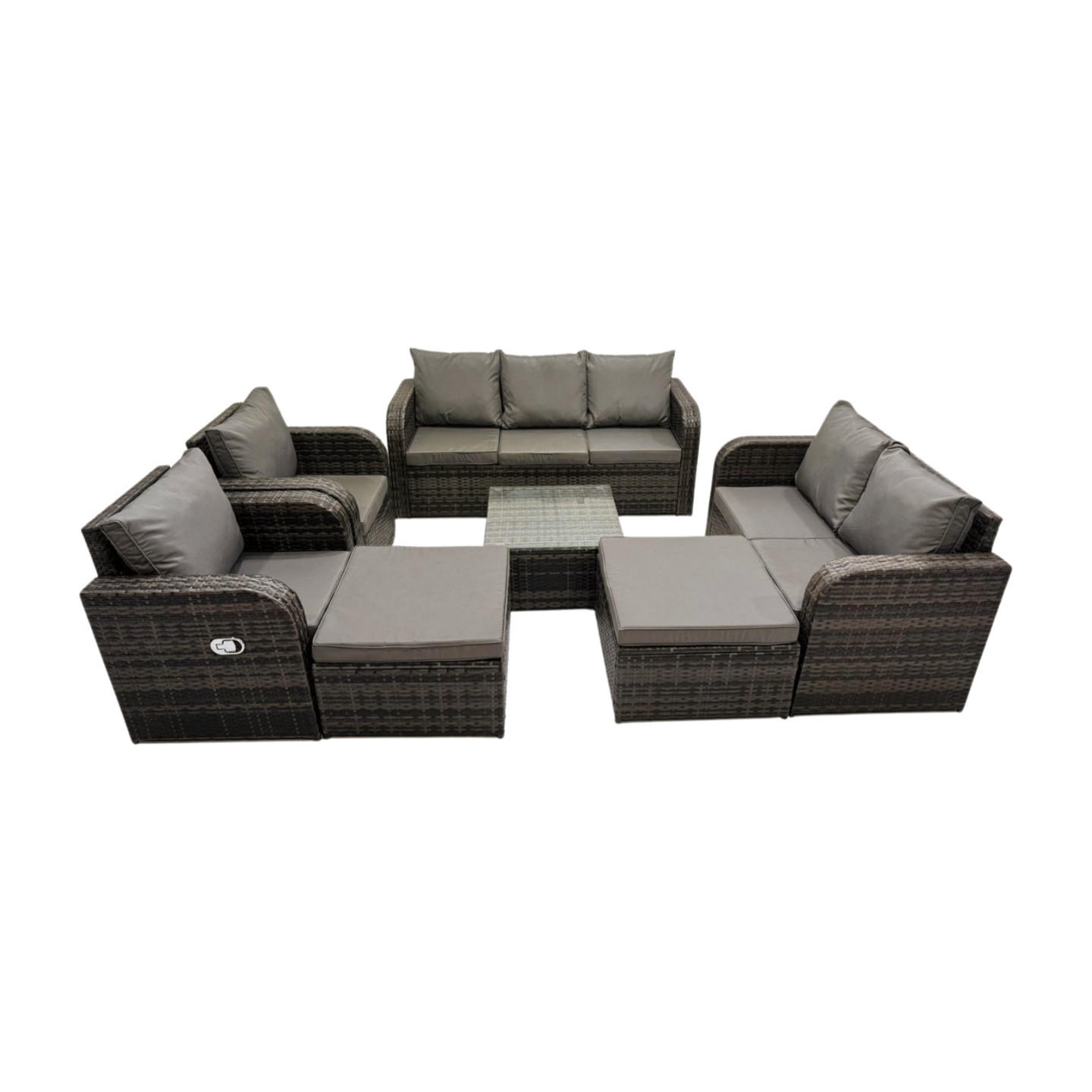 GARTENMÖBEL SET mit 3-SITZER SOFA Polyrattan Dunkelgrau 9-Sitzer - Dunkelgrau/Grau, Glas/Kunststoff - Fimous