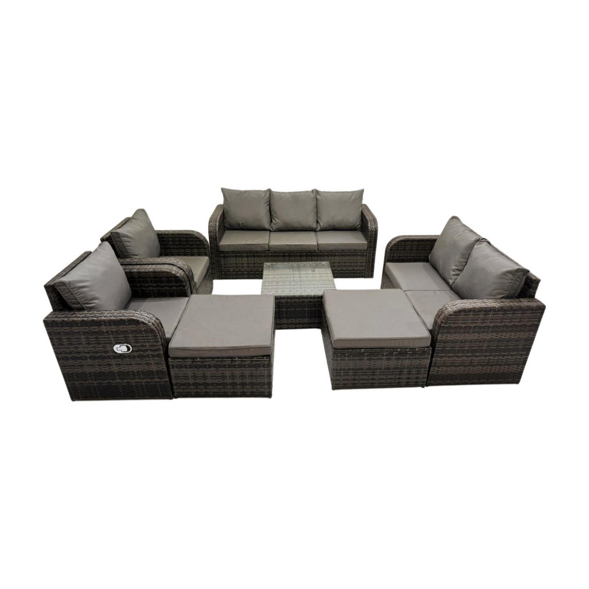 GARTENMÖBEL SET mit 3-SITZER SOFA Polyrattan Dunkelgrau 9-Sitzer - Dunkelgrau/Grau, Glas/Kunststoff - Fimous