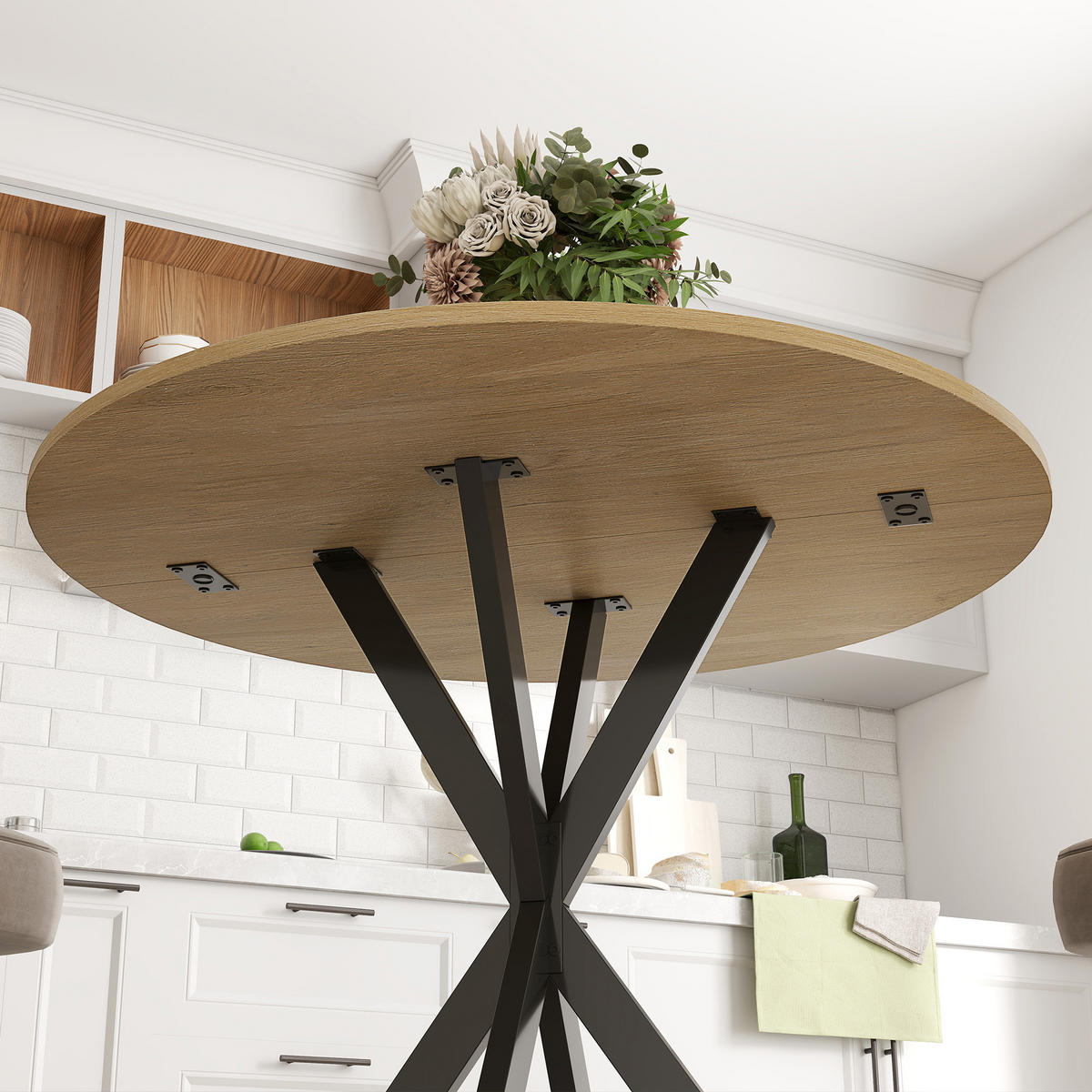 ESSTISCH DE-08457 X-Stahlbeine Ø80 cm Weiße Eiche+Schwarz - Eichefarben, Holzwerkstoff (80/80/75cm) - ComfortXL
