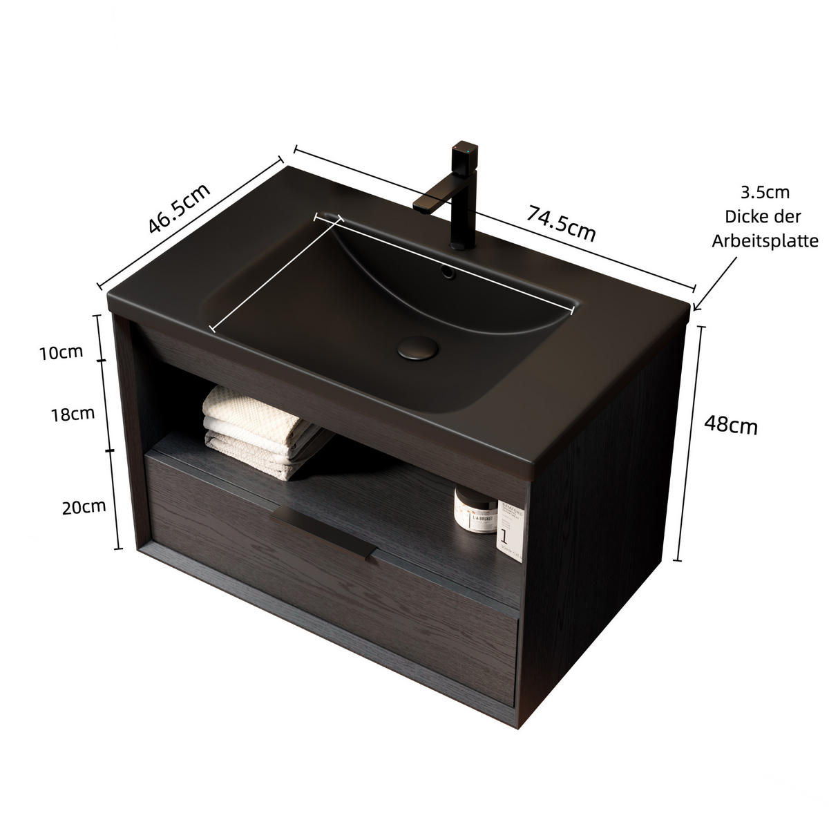 BADEZIMMERSCHRANK 74.5x46.5x51.5 cm Schwarz & Dunkle Eiche aus Keramik & Sperrholz - Schwarz, Keramik (74.5/51.5/46.5cm) - Modfu