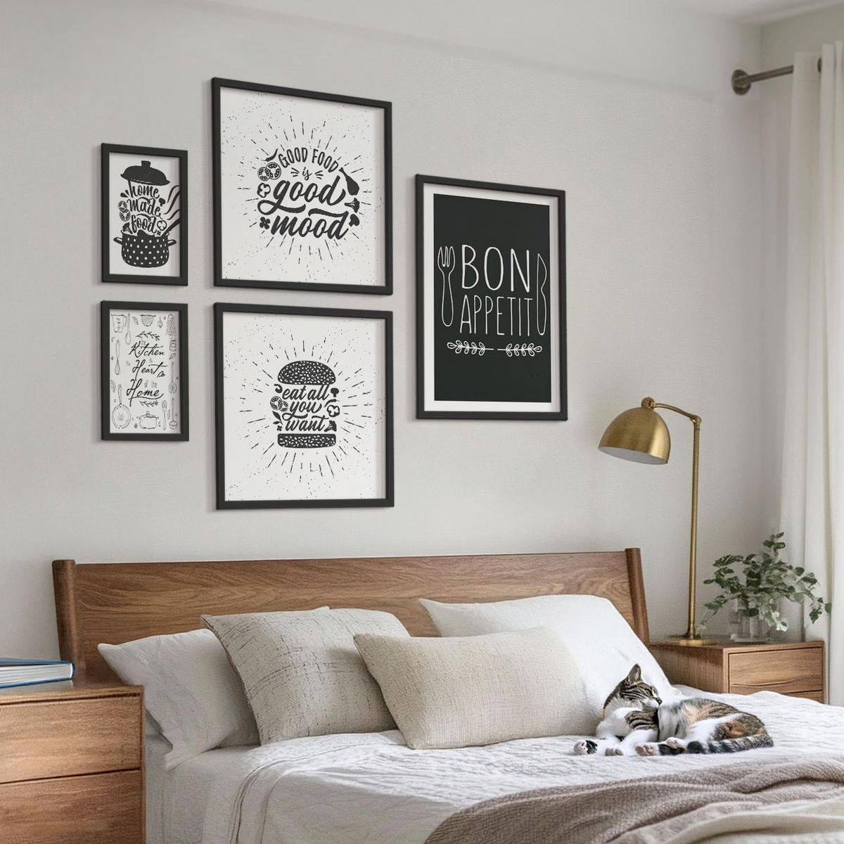 BILDER SET 5er Set - 50x50 cm & 20x30 cm & 40x60 cm Schwarzer Rahmen - Grafiken, Lebensmittel, kulinarische Slogans - Schwarz, Kunststoff (40/60cm) - TULUP