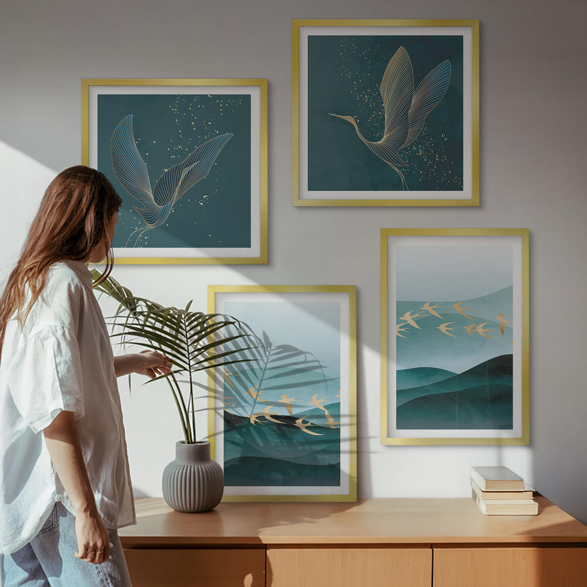 BILDER SET 4er Set - 50x50 cm & 40x60 cm Goldrahmen - Abstrakte Landschaften von Vogelwellen - Goldfarben, Kunststoff (50/50cm) - TULUP