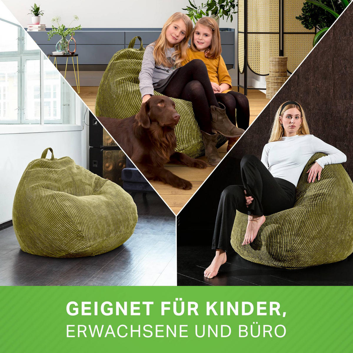SITZSACK Indoor "Scoop" 90x110cm - Cord - Grün, Textil (90/110/90cm) - Green Bean