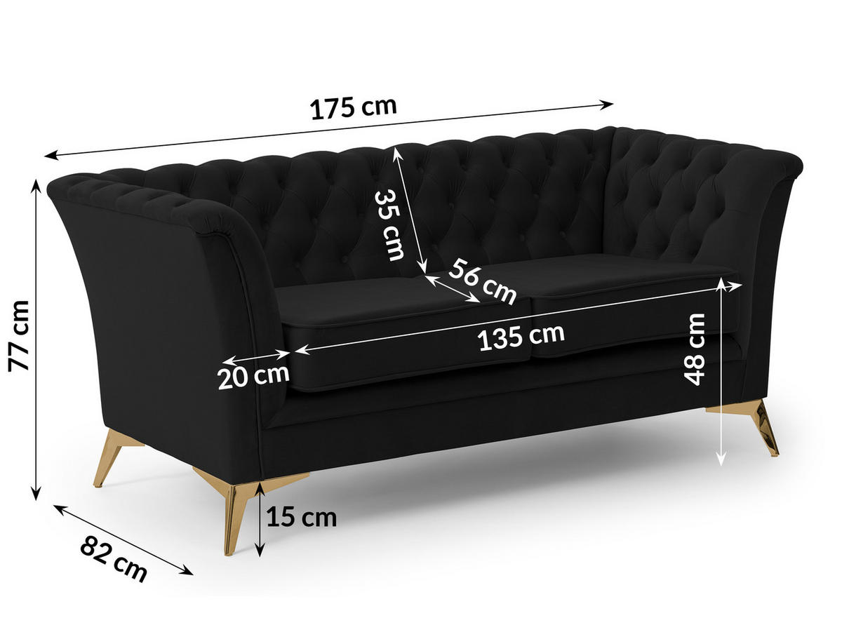 SITZGARNITUR 3+2+1 Chesterfield Whitby Schwarz Samt mit goldenen Füßen - Goldfarben/Schwarz, Holz/Textil (237/78/82cm) - S-Style Möbel