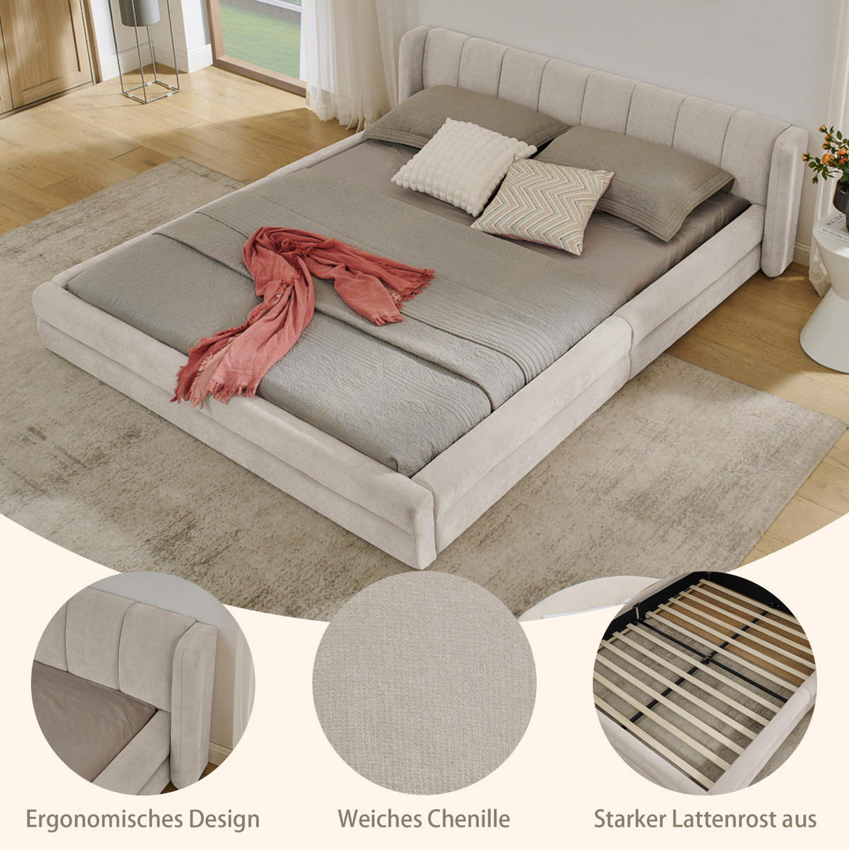 POLSTERBETT 160/200 cm Beige aus Chenille mit ergonomischem Kopfteil - Beige, Kunststoff (160/200cm) - OKWISH