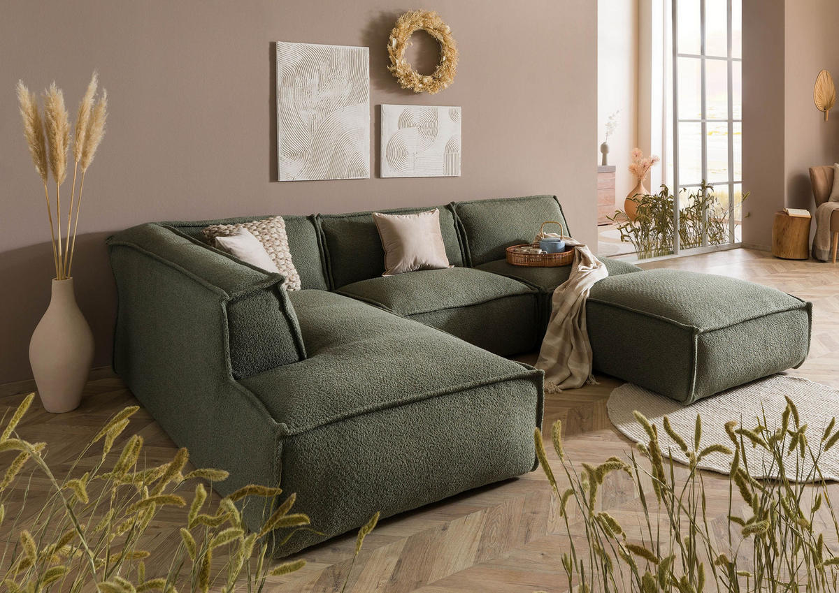 ECKSOFA inkl. Hocker 285x220x79 Polyester grün RAVENNA - Grün, Kunststoff (285/220cm) - Massivmoebel24