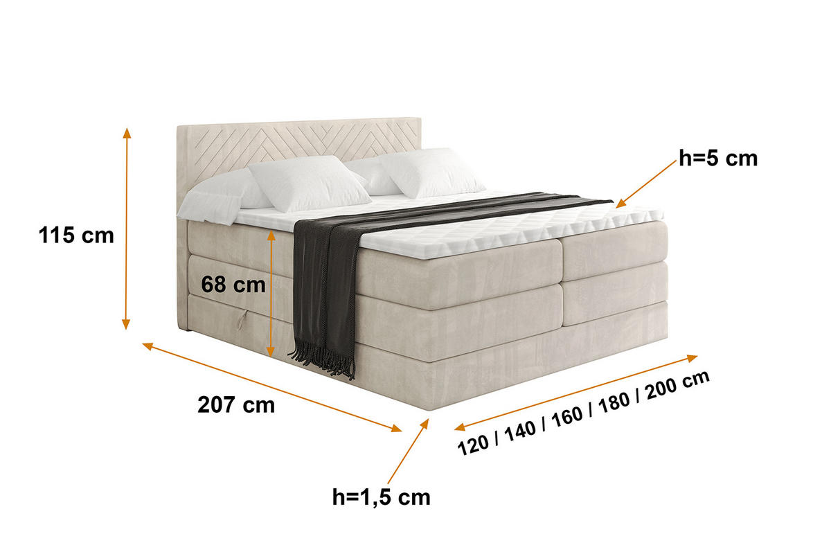BOXSPRINGBETT mit Matratze H3|H4 und Lattenrost - VEXA KING-160x200 - Beige Casablanca - Beige, Holzwerkstoff (160/200cm) - ALTDECOR