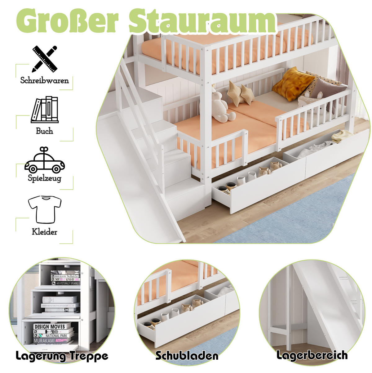 ETAGENBETT 90/200 cm weiß aus Massivholz mit Rutsche und Treppe - Weiß, Holz (90/200cm) - OKWISH