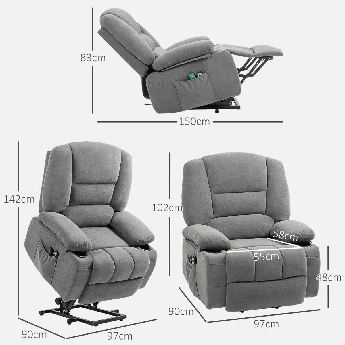 FERNSEHSESSEL Polyester Leinenoptik mit Aufstehhilfe, Massage, Heizung 97/90/102 cm Dunkelgrau - Dunkelgrau, Textil (90/102/97cm) - Redom
