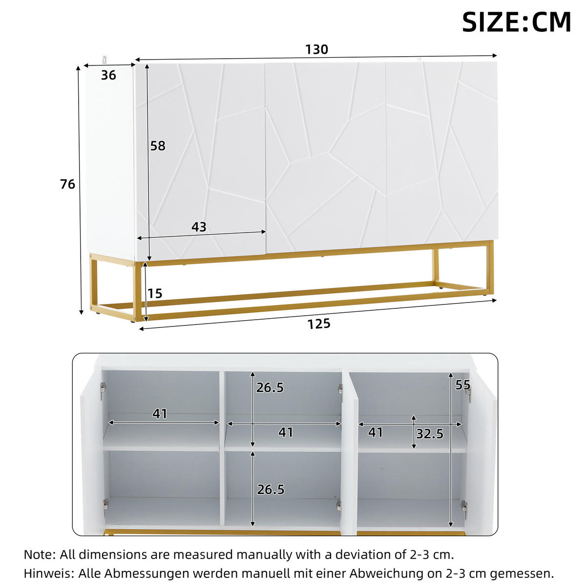 SIDEBOARD 130/38/76 cm mit 3 Türen, verstellbaren Einlegeböden und Hochglanzfront, Weiß/Gold - Weiß, Holzwerkstoff (130/76/35cm) - Redom