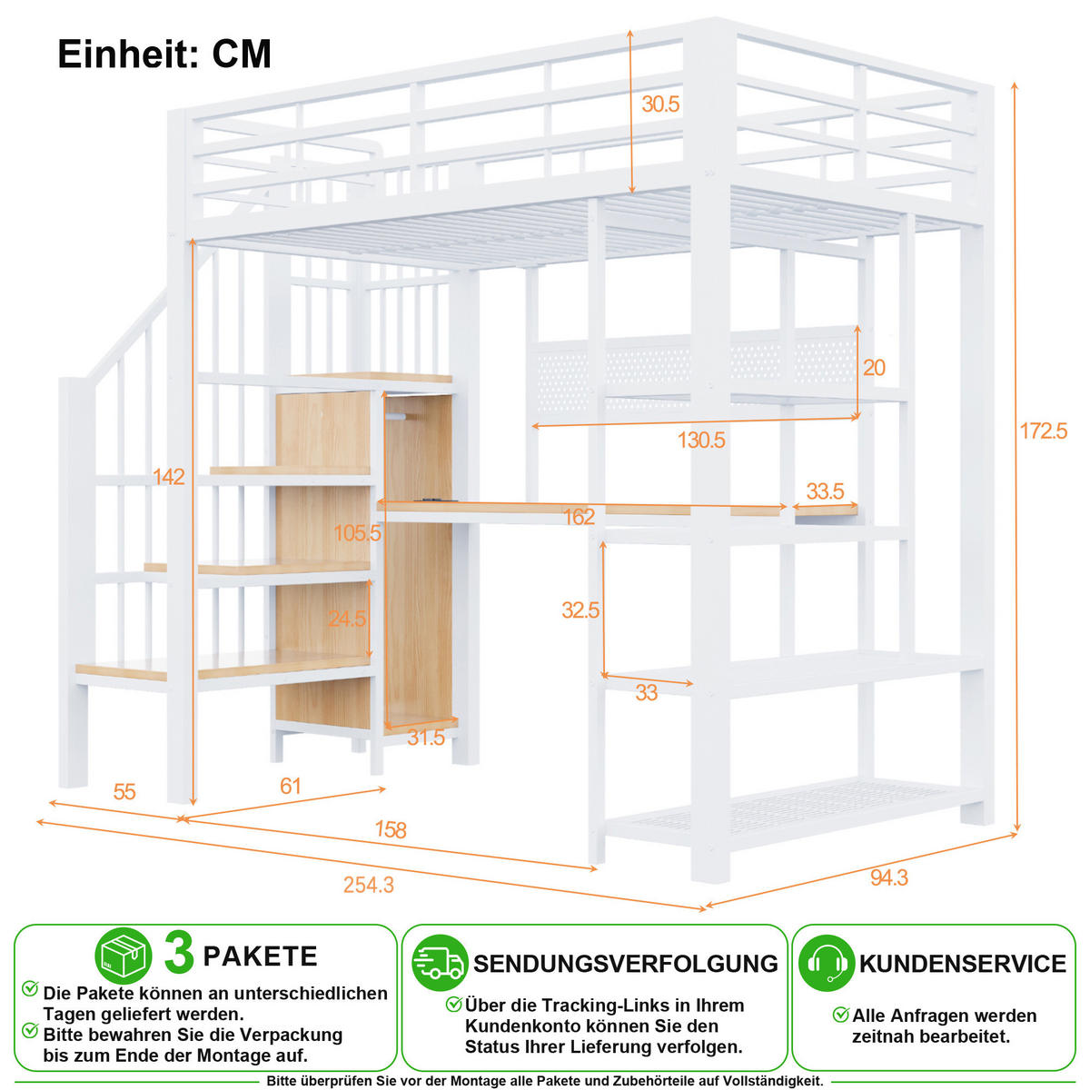 HOCHBETT 90/200 cm in Weiß mit Treppe, LED, Steckdosen und Regal aus Metall und Holz - Weiß, Holzwerkstoff/Metall (90/200cm) - CHICFURN