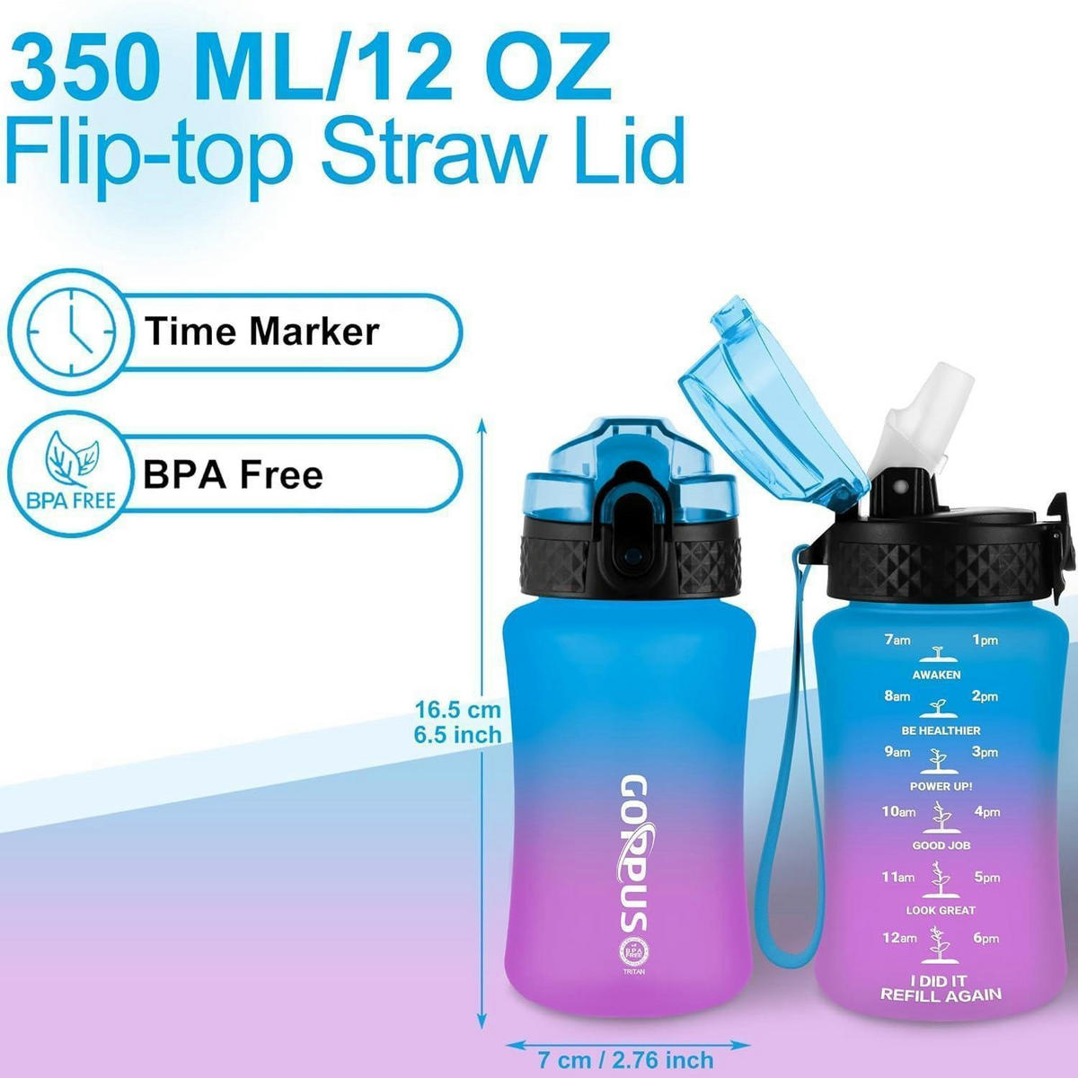 TRINKFLASCHE 350 ml mit Strohhalm und Zeitmarkierung - Multicolor, Kunststoff (7.1/7.1cm)