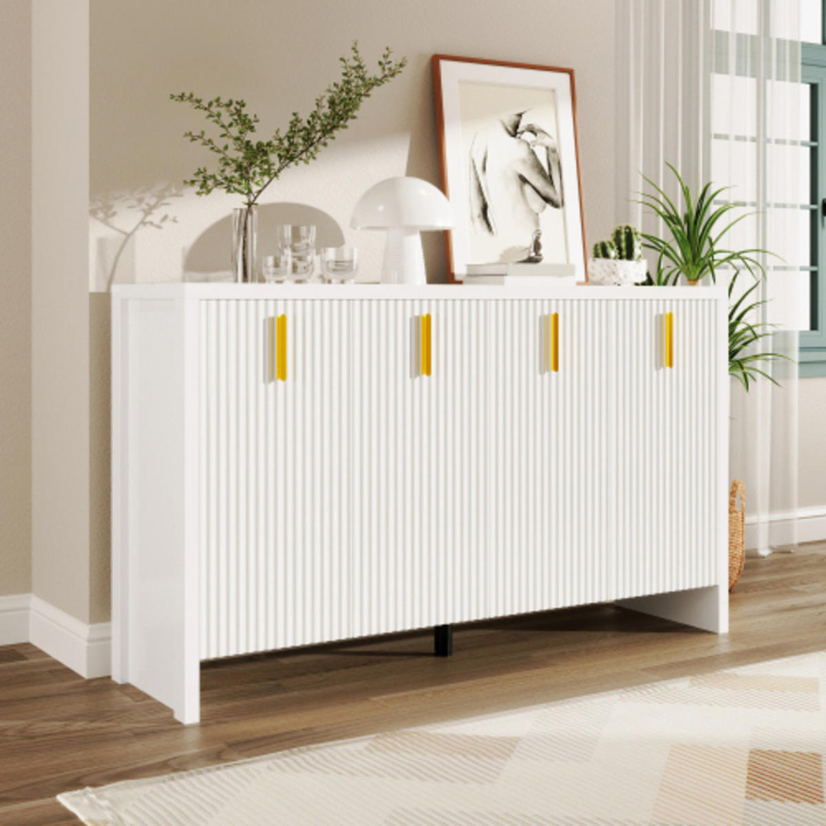SIDEBOARD Weiß aus Spanplatte mit goldenen Griffen & verstellbaren Einlegeböden 140×38×80 cm - Weiß, Holzwerkstoff (140/80/38cm) - Luhomfu