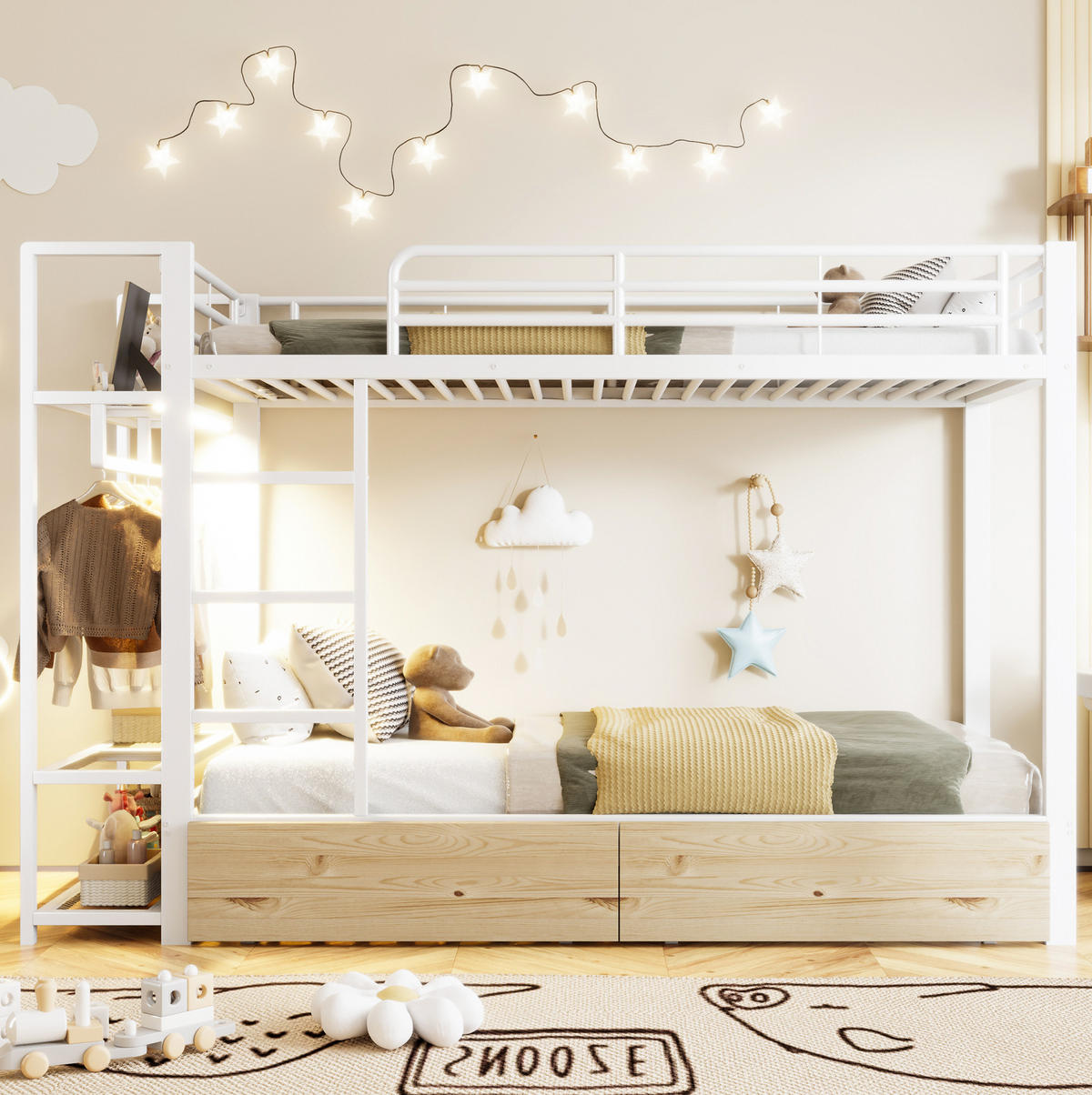 ETAGENBETT 90/200 cm in Weiß mit LED-Beleuchtung, 2 Schubladen und Ablageflächen - Weiß, Metall (90/200cm) - OKMYHOME