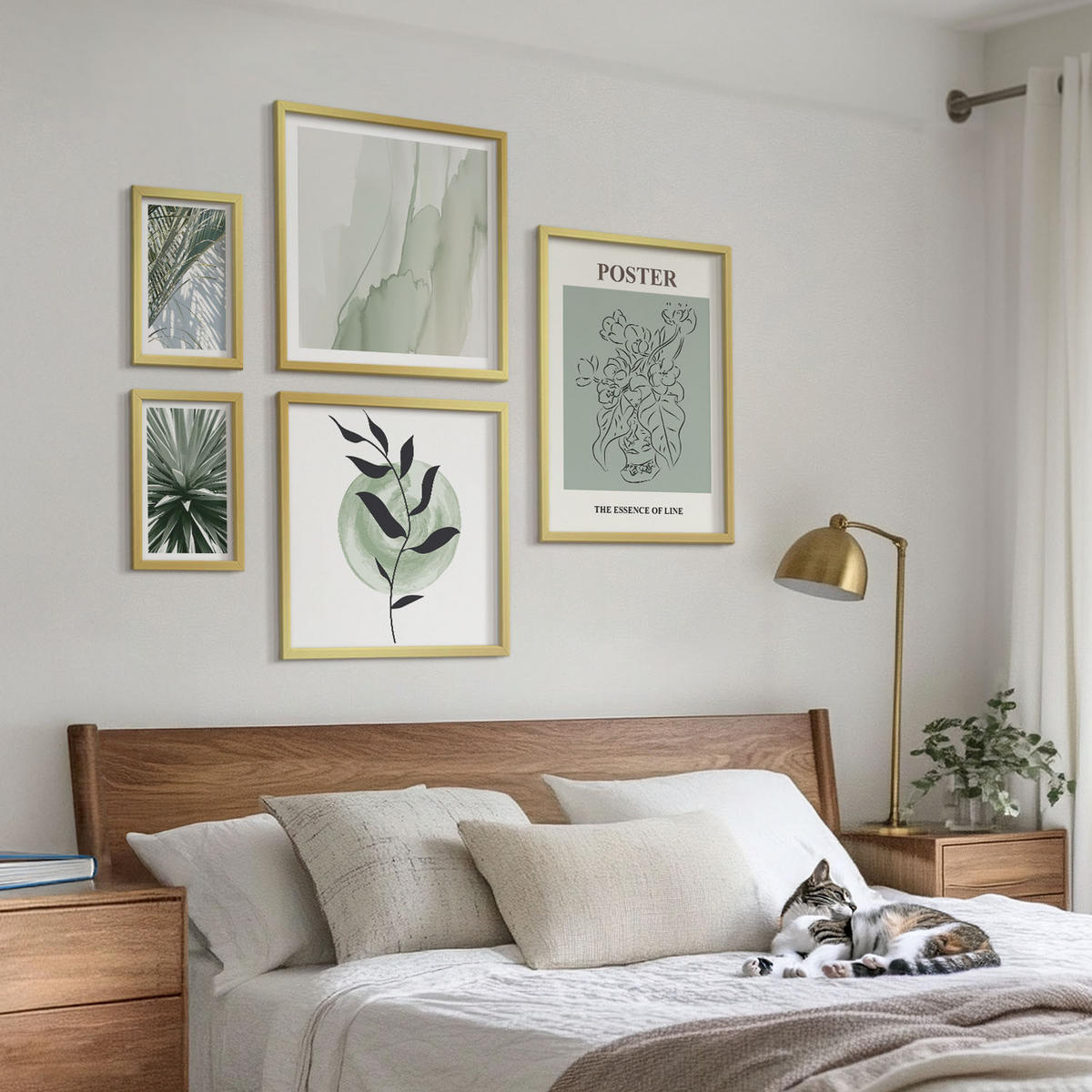 BILDER SET 5er Set - 50x50 cm & 20x30 cm & 40x60 cm Goldrahmen - Grün-beige Pflanzenmuster - Goldfarben, Kunststoff (40/60cm) - TULUP