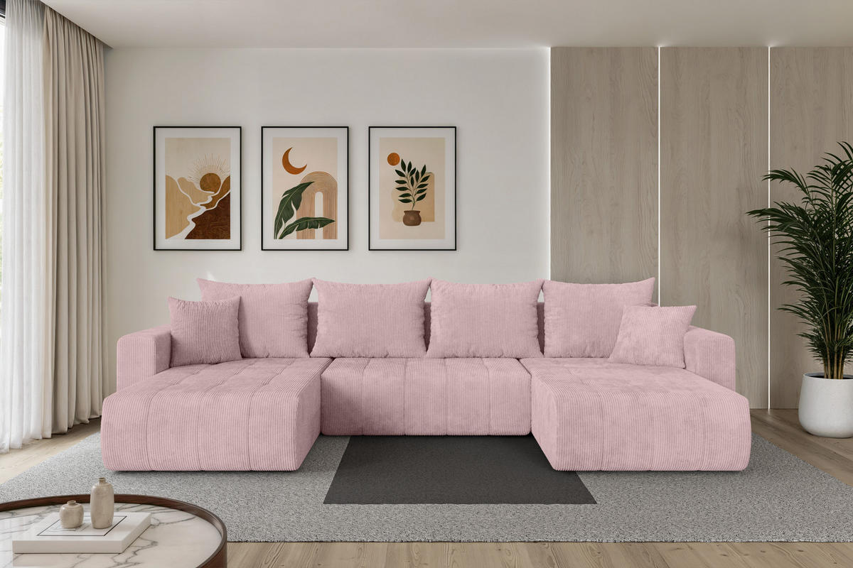 SEDACÍ SOUPRAVA DO U s funkcí spaní a úložným prostorem MILA-U 378x194x86 růžová manšestr - růžová/černá, kompozitní dřevo/textil (378/86/194cm) - ALTDECOR