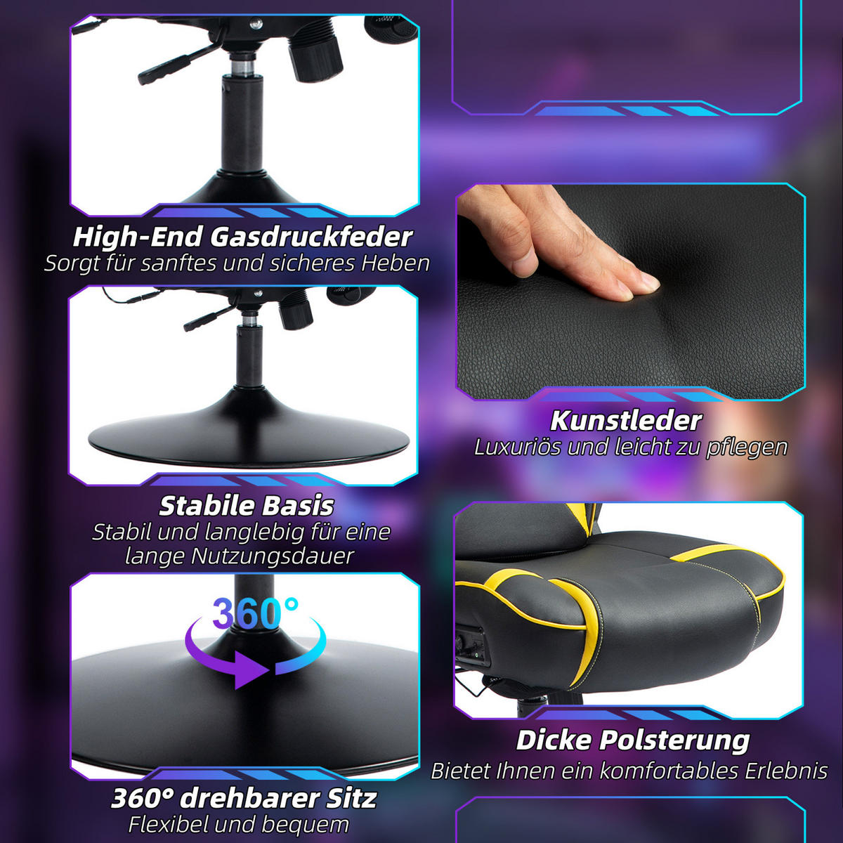 GAMING Stuhl mit runder Bodenplatte, drehbar & neigbar, ergonomischer Sessel, Schwarz-Gelb - Gelb, Leder (69/112/73cm) - BRILVERDE