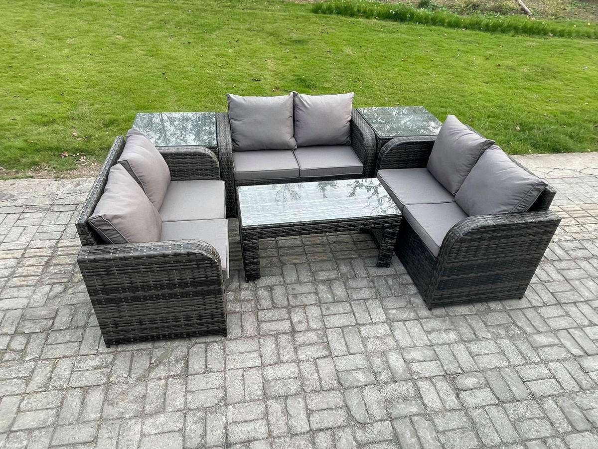 GARTENSOFA SET mit rechteckigem COUCHTISCH Polyrattan 6-Sitzer Dunkelgrau - Dunkelgrau/Grau, Glas/Kunststoff - Fimous
