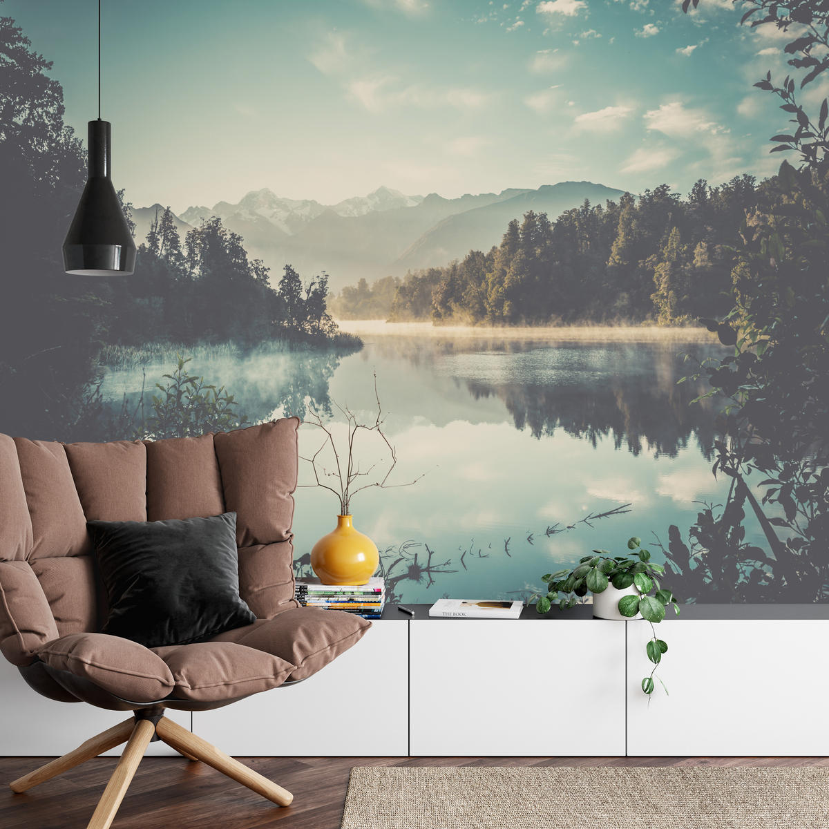 FOTOTAPETE für Esszimmer Bergsee Wald Bäume Nebel 200x140 - Türkis/Gelb, Papier (200/140cm) - Muralo