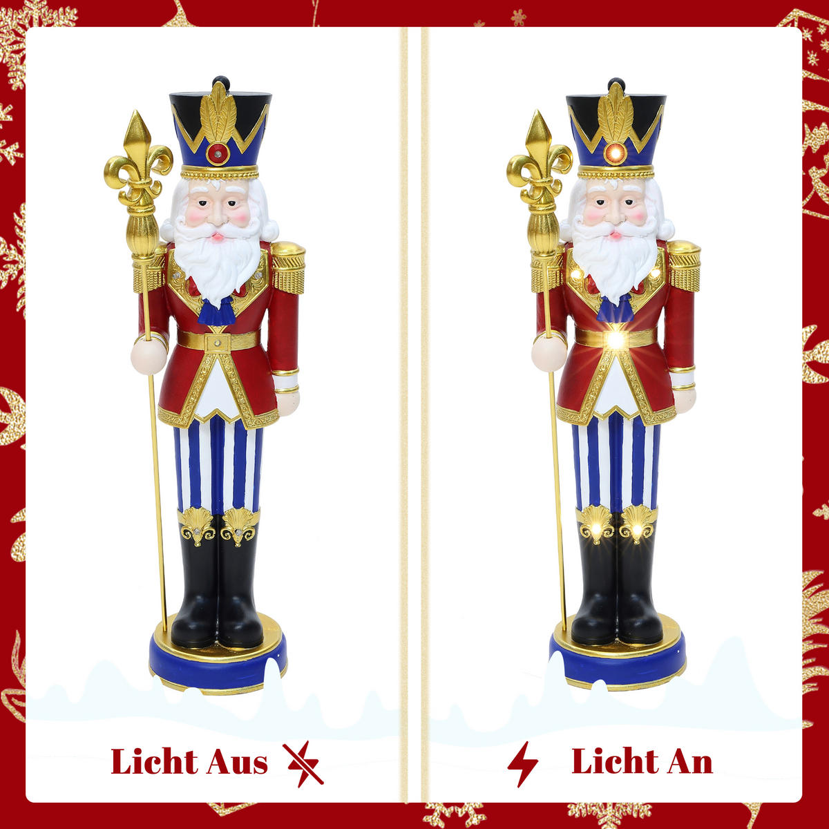 NUSSKNACKER Figur groß 61 cm, Weihnachtsdeko mit LED, Timer, MgO - Dunkelrot, Naturmaterialien (19.5/61/16.5cm) - Hometopia