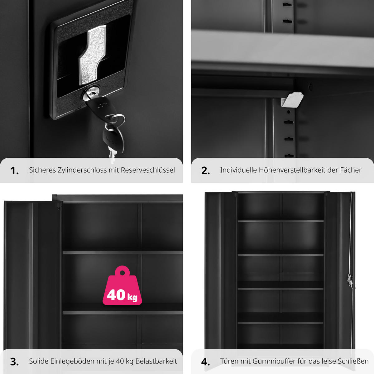 AKTENSCHRANK ,180 x 90 x 40 cm,schwarz - Schwarz, Metall (40/180/90cm) - tectake