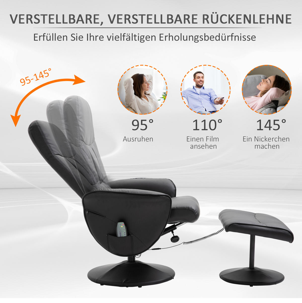 RELAXSESSELSET 76/81/105 cm in Schwarz mit Hocker, Massagefunktion und Liegefunktion - Schwarz, Kunststoff (81/105/76cm) - Flora Grace