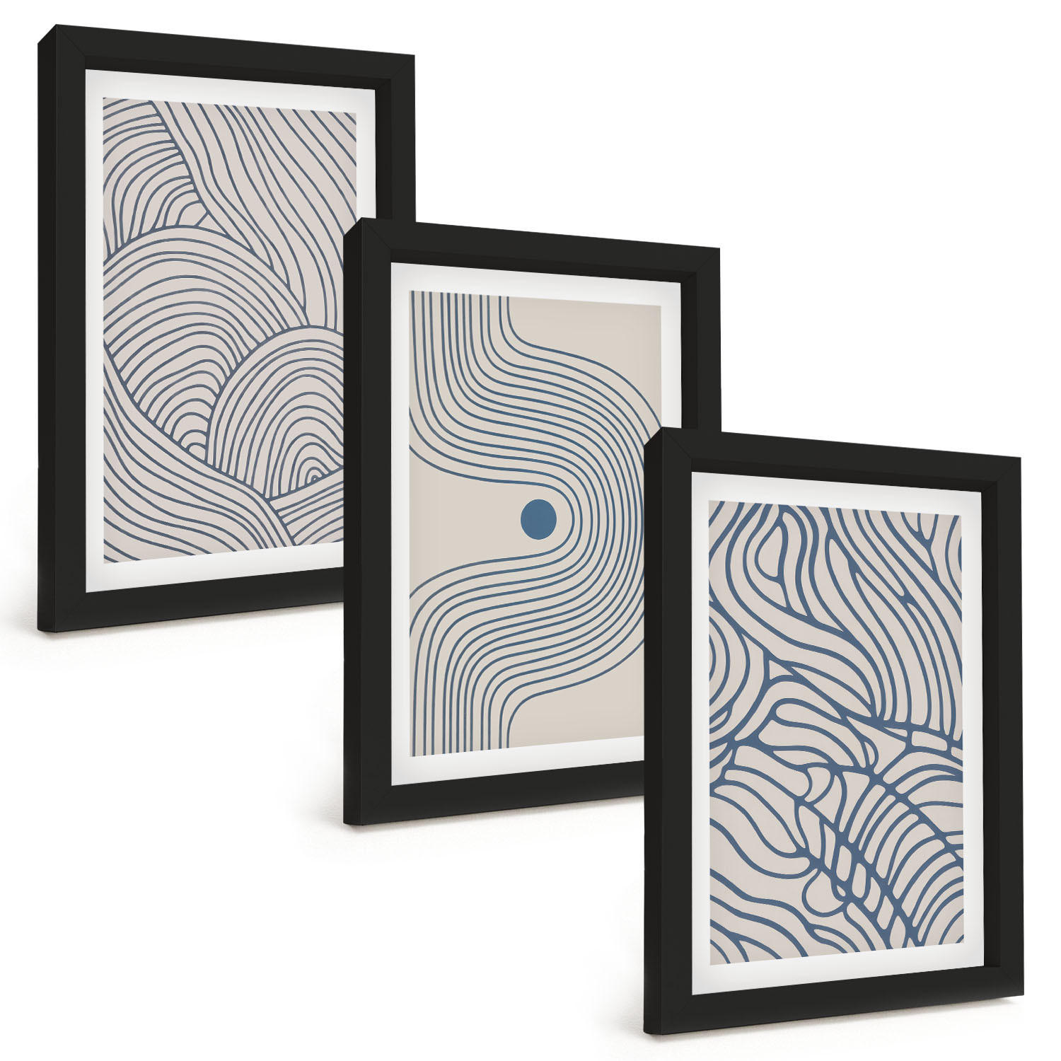 BILDER SET 3er Set - 20x30 cm Schwarzer Rahmen - Abstrakte Linien, Wellenformen - Schwarz, Kunststoff (20/30cm) - TULUP