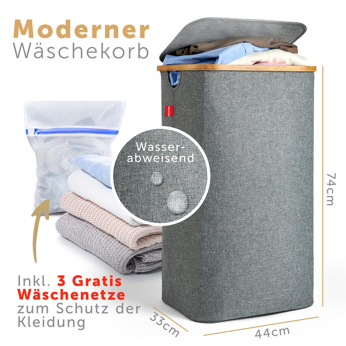 KÔŠ na bielizeň s vekom, 100L, Sivý - sivá, drevo (33/74/44cm) - Blumtal