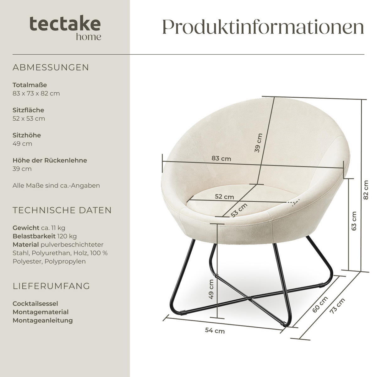 COCKTAILSESSEL Centera,83 x 73 x 82 cm,Samtoptik beige - Beige, Metall (83/82/73cm) - tectake
