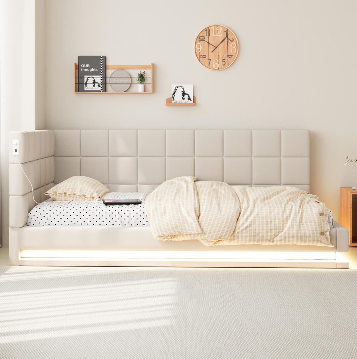 POLSTERBETT 90/200 cm Beige mit LED-Beleuchtung und USB-Anschluss - Beige, Textil (90/200cm) - Flora Grace
