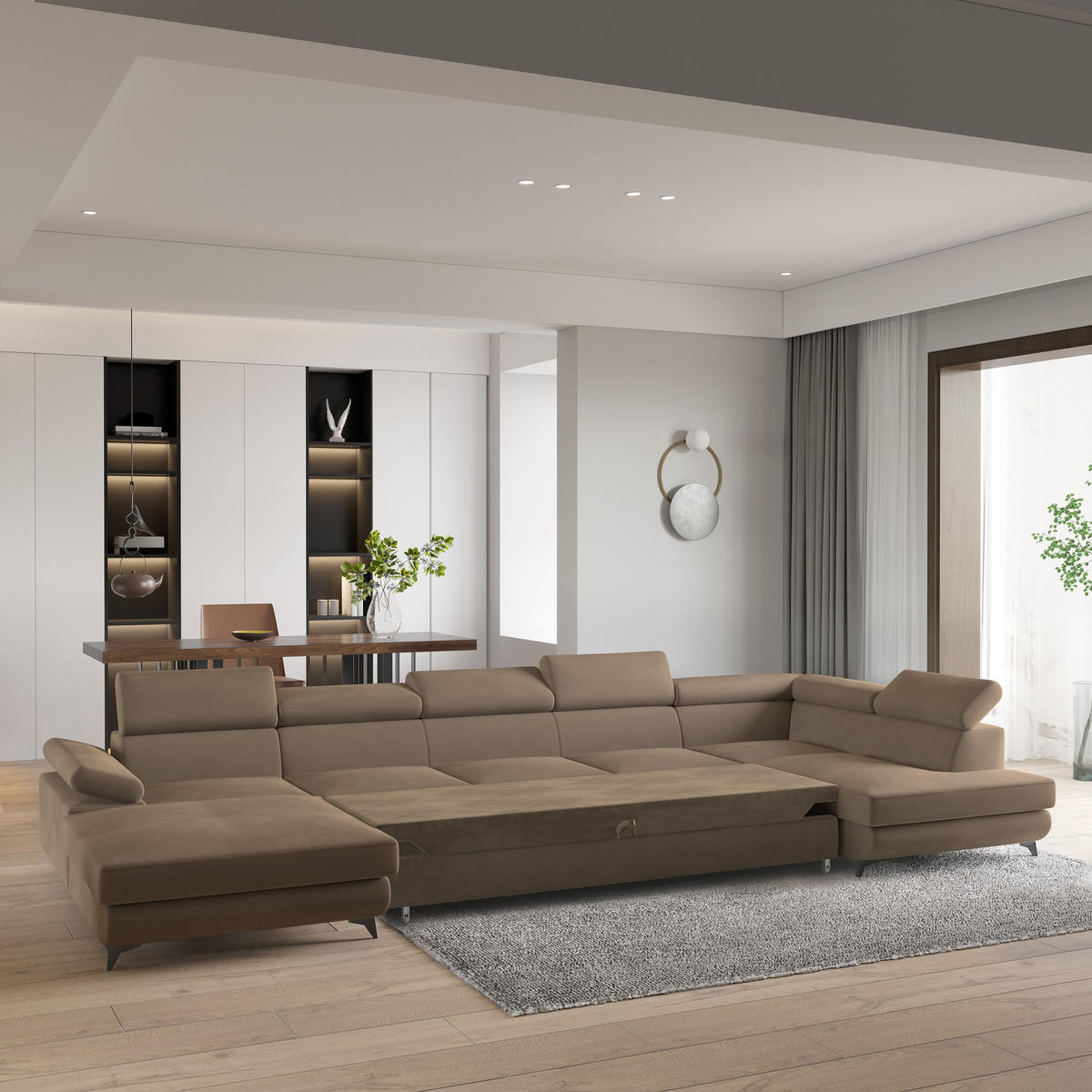 WOHNLANDSCHAFT MONTIVA Beige Velours-Stoff mit Schlaffunktion - Beige, Holz (410/89/190cm) - MASSENO