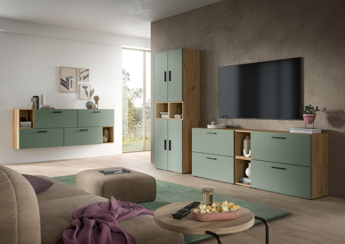 WOHNWAND Primo (B/H/T: ca. 176/97/34 cm) in Artisan Oak /Smoke Green - Eiche Artisan, Holzwerkstoff (176/97/34cm)
