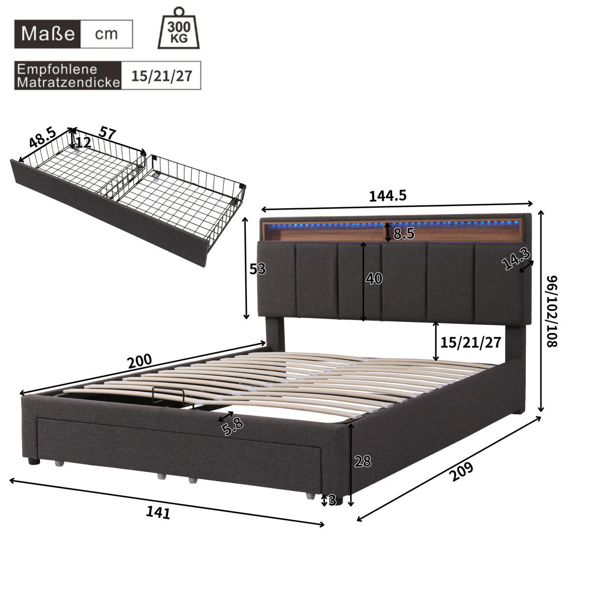 POLSTERBETT 140/200 cm grau aus Leinen mit LED-Beleuchtung - Grau, Textil (140/200cm) - OKMYHOME
