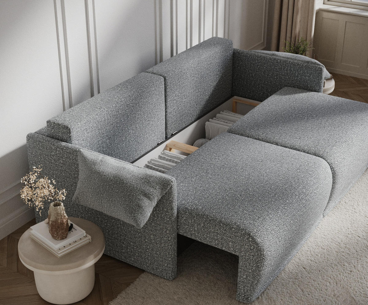 SCHLAFSOFA MIT ECKSOFA-FUNKTION Nappa Grau Plüschstoff - Schwarz/Grau, Holz/Holzwerkstoff (215/100/112cm) - Maison de Reve