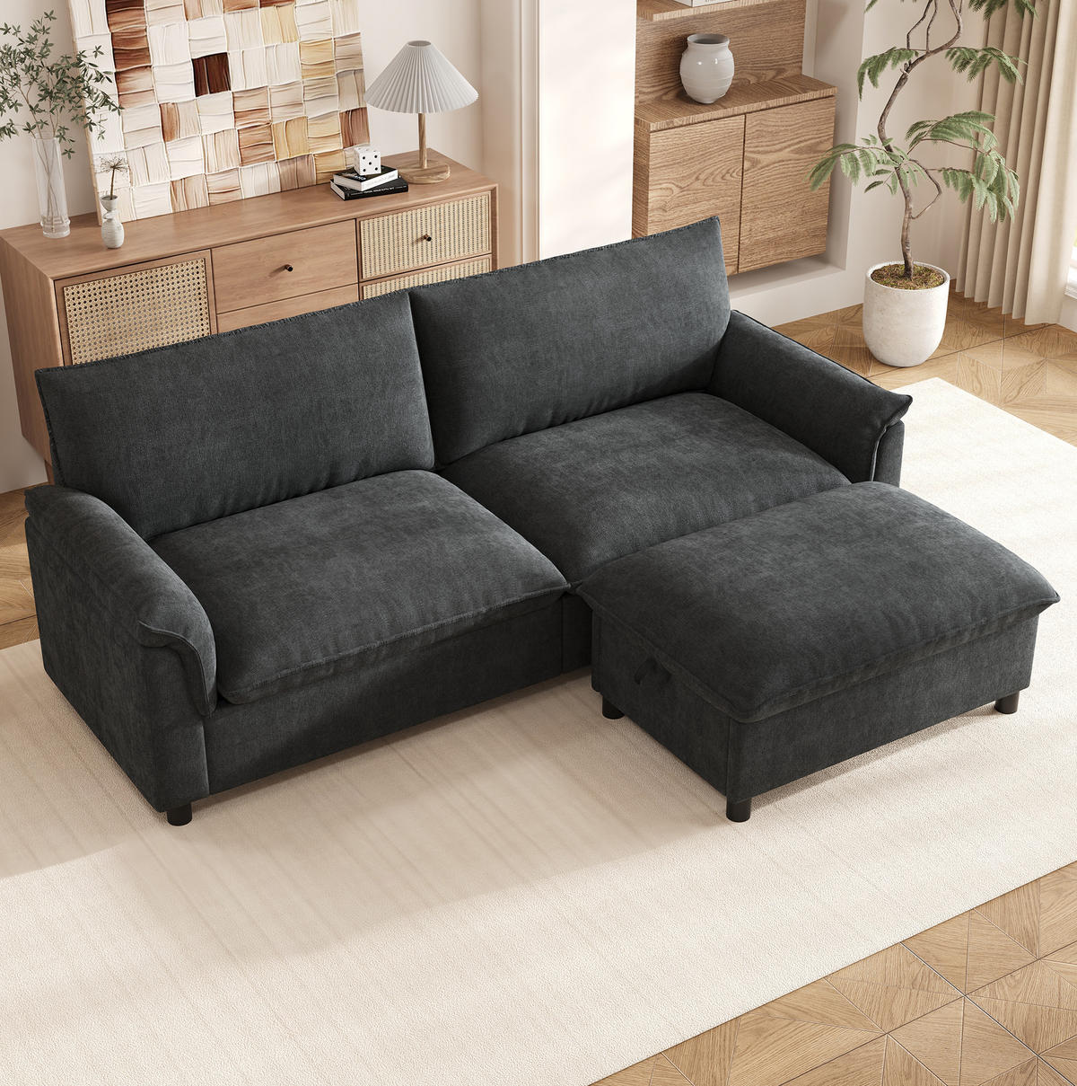ECKSOFA 216/77/82 cm mit beweglichem Hocker, Stauraum und Schlaffunktion aus Chenille, Schwarz - Schwarz, Textil (216/77cm) - Redom