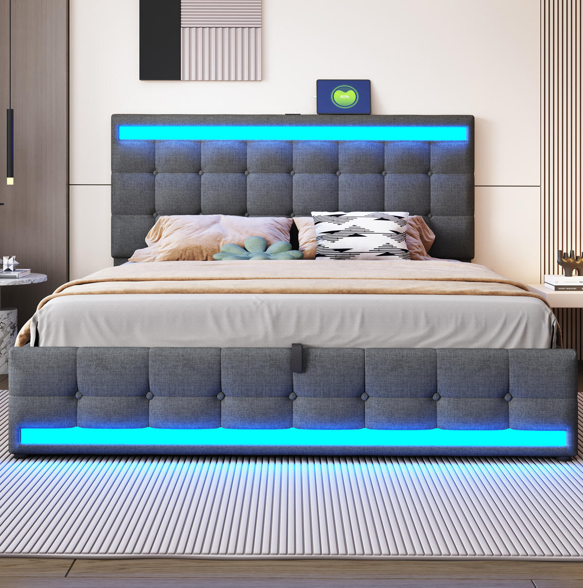 ČALOUNĚNÁ postel 180/200 cm šedá z lněné tkaniny s LED osvětlením a USB - šedá, textil (180/200cm) - OKWISH