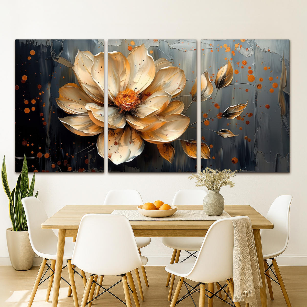 LEINWANDBILD 3er Set Blume - Gold - Abstrakt - Farbe 240x120 cm - Creme, Textil (240/120cm) - MuchoWow